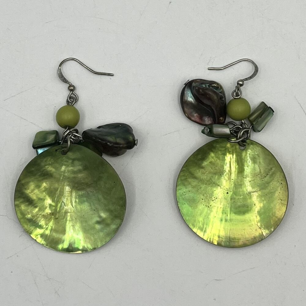 Green Abalone Shell Necklace and Earrings NO CLASP 42" MOP Handmade Boho Unique - Picture 2 of 5